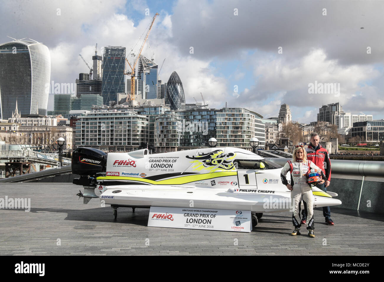 London UK 16 April 2018 Marit Stromoy Norwegian professional powerboat driver and the first ever woman to win a Formula 1 World Championship Grand Prix in Sharjah, UAE in 2015. Philippe Chiappe – French professional powerboat driver for CTIC F1 Shenzhen China Team, and one of only three drivers to claim a hat-trick of Formula 1 World Championship titles (2014, 2015 & 2016). Credit: Paul Quezada-Neiman/Alamy Live News Stock Photo