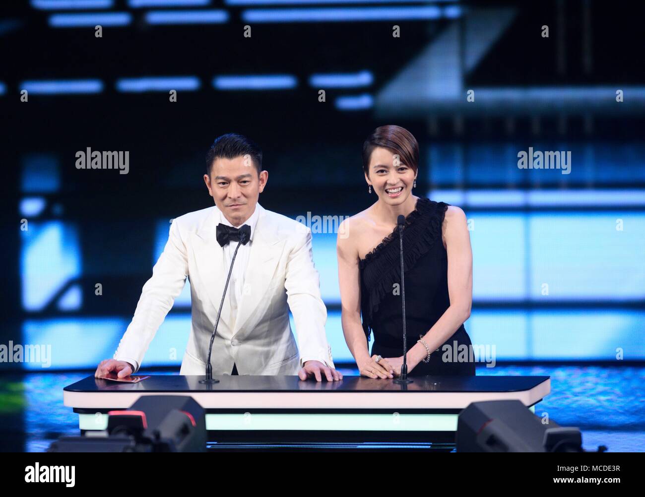 (180416) -- HONG KONG, April 16, 2018 (Xinhua) -- Actor Andy Lau (L) and actress Gigi Leung attend the 37th Hong Kong Film Awards presentation ceremony in Hong Kong, south China, April 15, 2018. (Xinhua/Qin Qing) (ry) Stock Photo