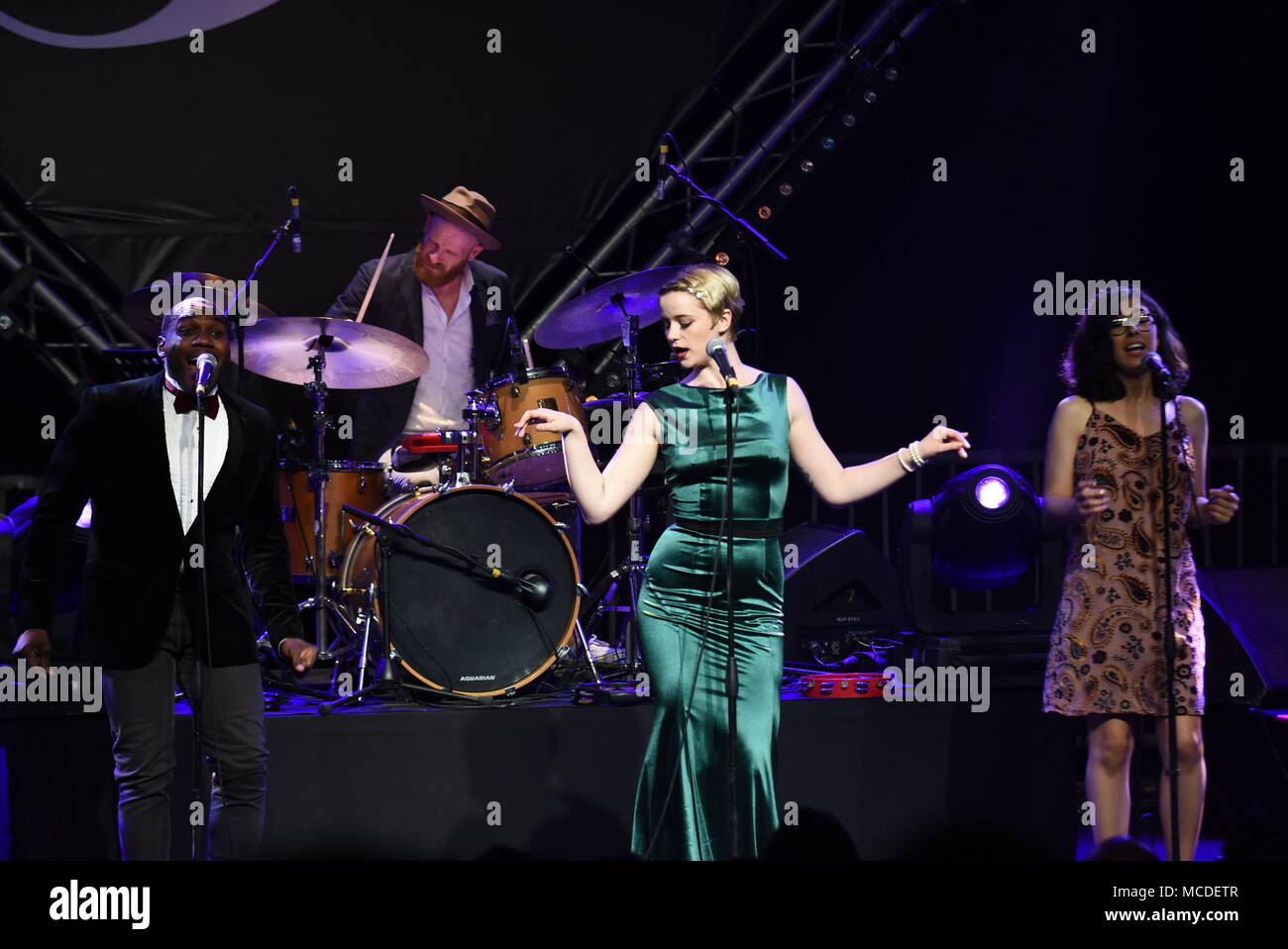 (180416) -- CASABLANCA, April 16, 2018 (Xinhua) -- Artists perform during the Jazzablanca 2018 in Casablanca, Morocco, on April 15, 2018. The 13th edition of Jazzablanca, an annual music festival, kicked off here on April 14. (Xinhua/Aissa) (zf) Stock Photo