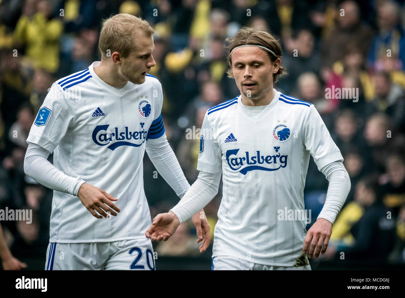 Denmark, Brøndby - April 15, 2018. Peter Ankersen and Nicolai Boilesen (2) of FC Copenhagen seen during the ALKA Superliga match against the rivals from Brøndby IF at Brøndby Stadion. (Photo
