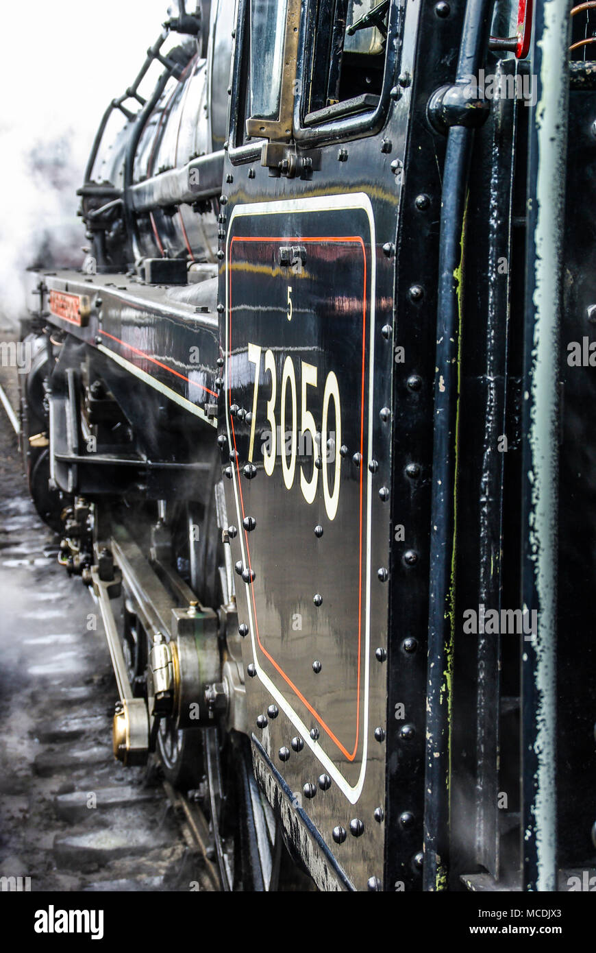 British Railways Standard Class 5 73050 preserved British steam locomotive, named City of Peterborough on the Nene Valley Railway. Steam train Stock Photo