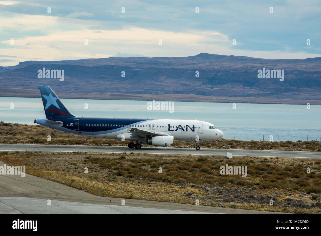 LAN or LATAM commercial jet, El Calafate Airport, FTE, El Calafate, Argentina Stock Photo