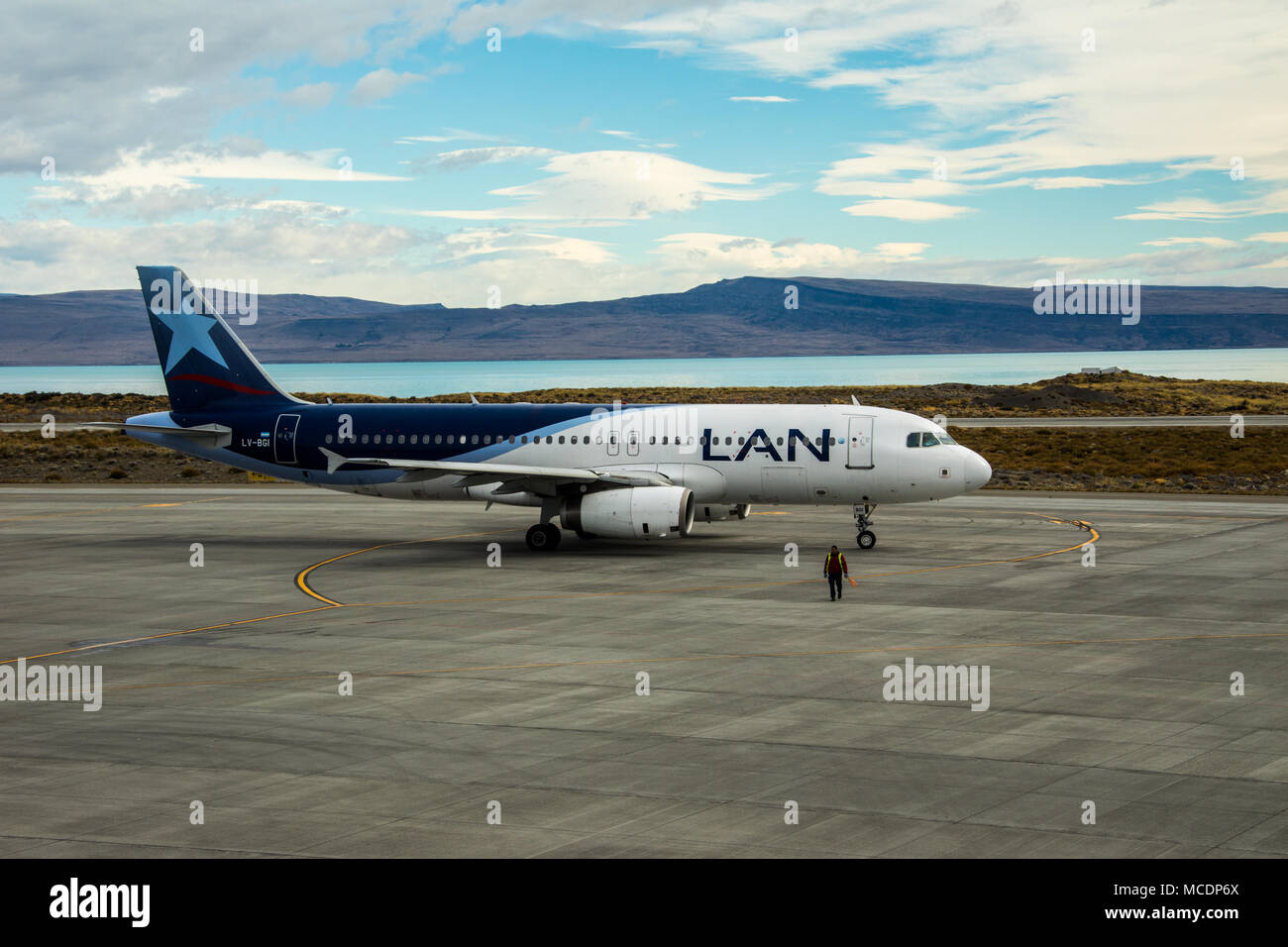LAN or LATAM commercial jet, El Calafate Airport, FTE, El Calafate, Argentina Stock Photo