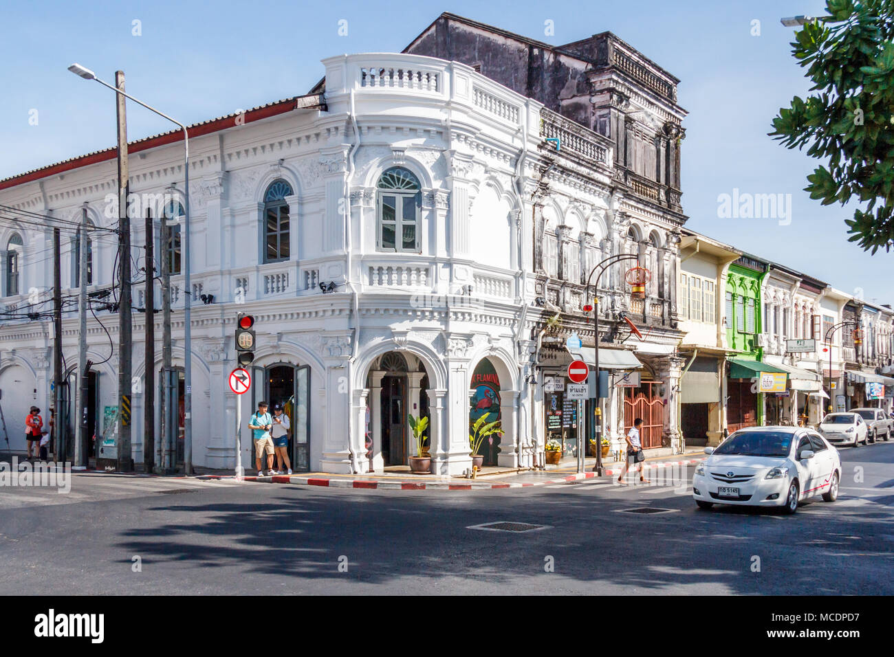 Street corner with Sino Portuguese architecture, Old Phuket Town, Thailand Stock Photo