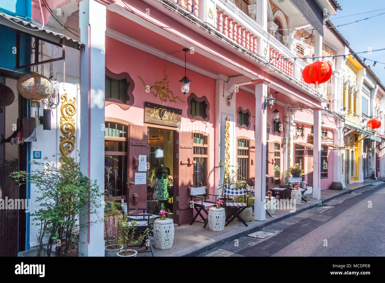 Colouful Sino Portuguese shophouse architecture, Soi Romanee, Old Phuket Town, Thailand Stock Photo