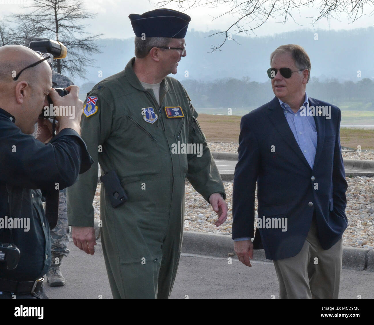 Alabama Sen. Doug Jones visits the 117th Air Refueling Wing here at Sumpter Smith Air National Guard Base, Birmingham, Ala. on February 21, 2018.  (U.S. Air National Guard photo by: Staff Sgt. Jim Bentley) Stock Photo