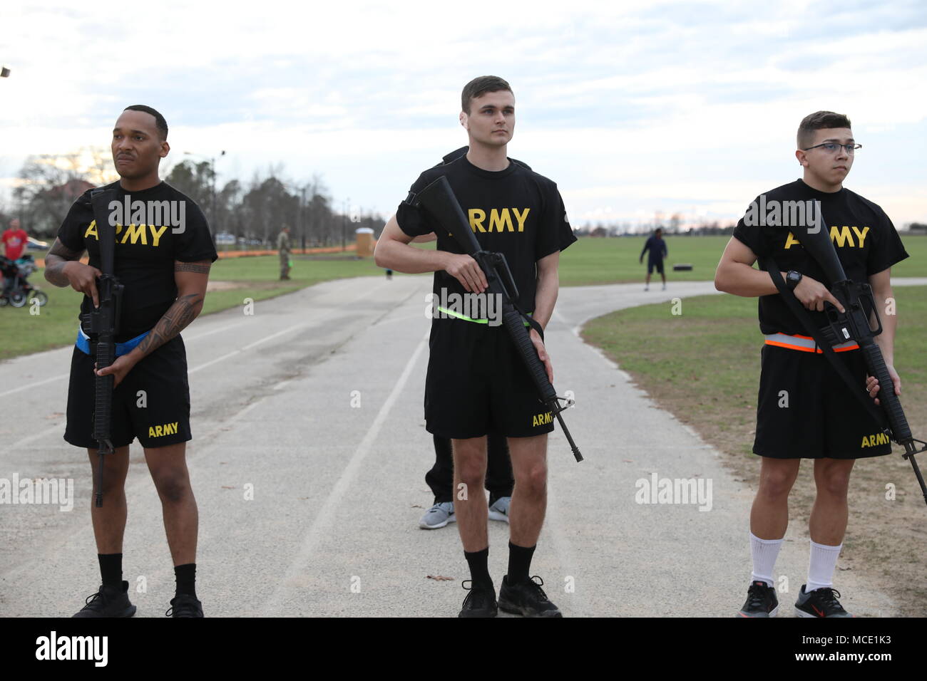 U.S. Army Best Warrior competitors line up to conduct the modified 2-mile  run portion of the Army Physical Fitness Test at Fort Gordon, Ga., Feb. 26,  2018. The 359th Theater Tactical Signal