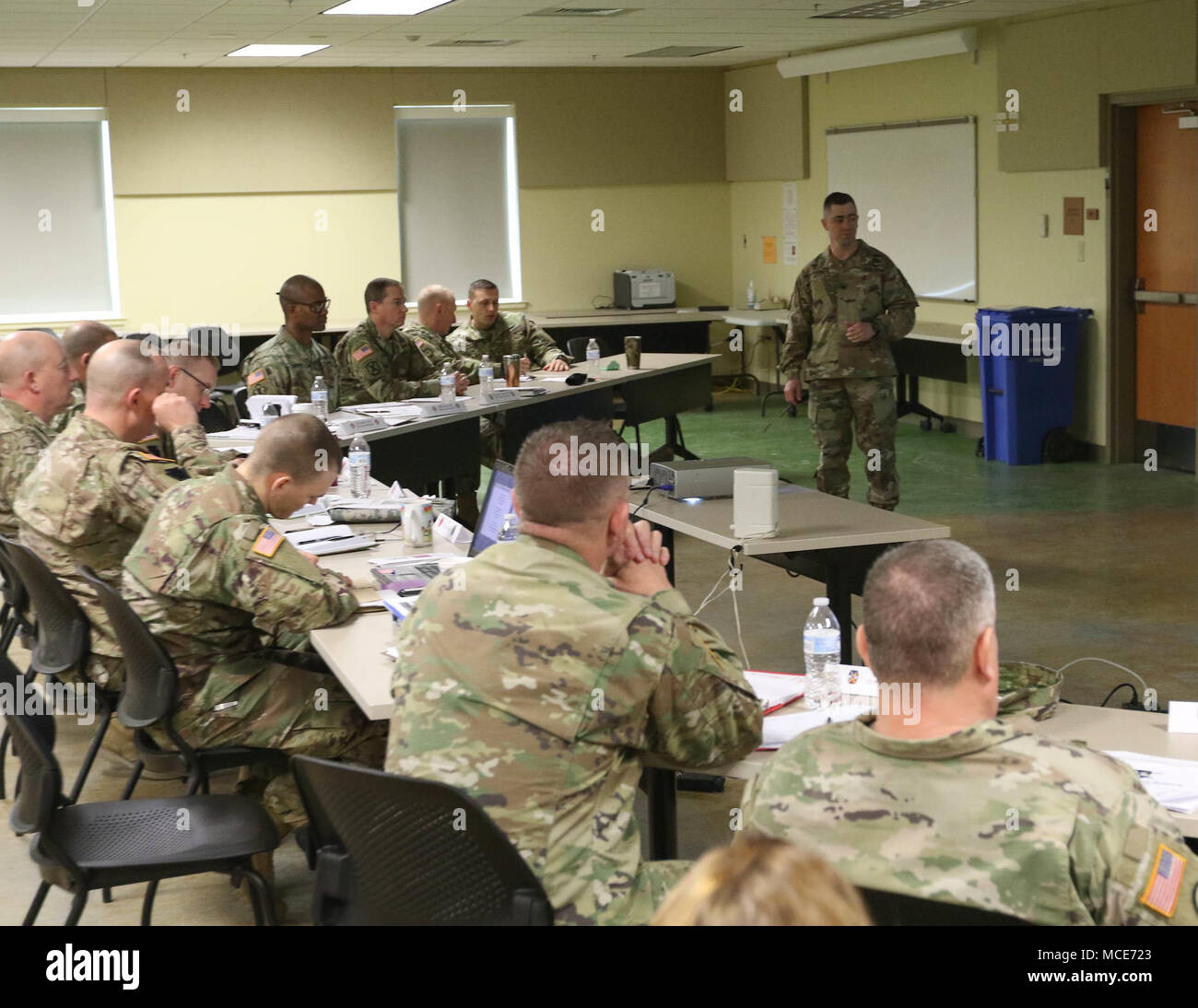 Col. Marc Hoffmeister, commander of the 20th Engineer Brigade speaks to leaders of the 28th Infantry Division supporting units at the two-day US Army Central Intermediate Division Headquarter Leader’s Conference at Fort Hood, Texas on Feb. 13, 2018.  (Photo by Master Sgt. Daniel Palermo) Stock Photo