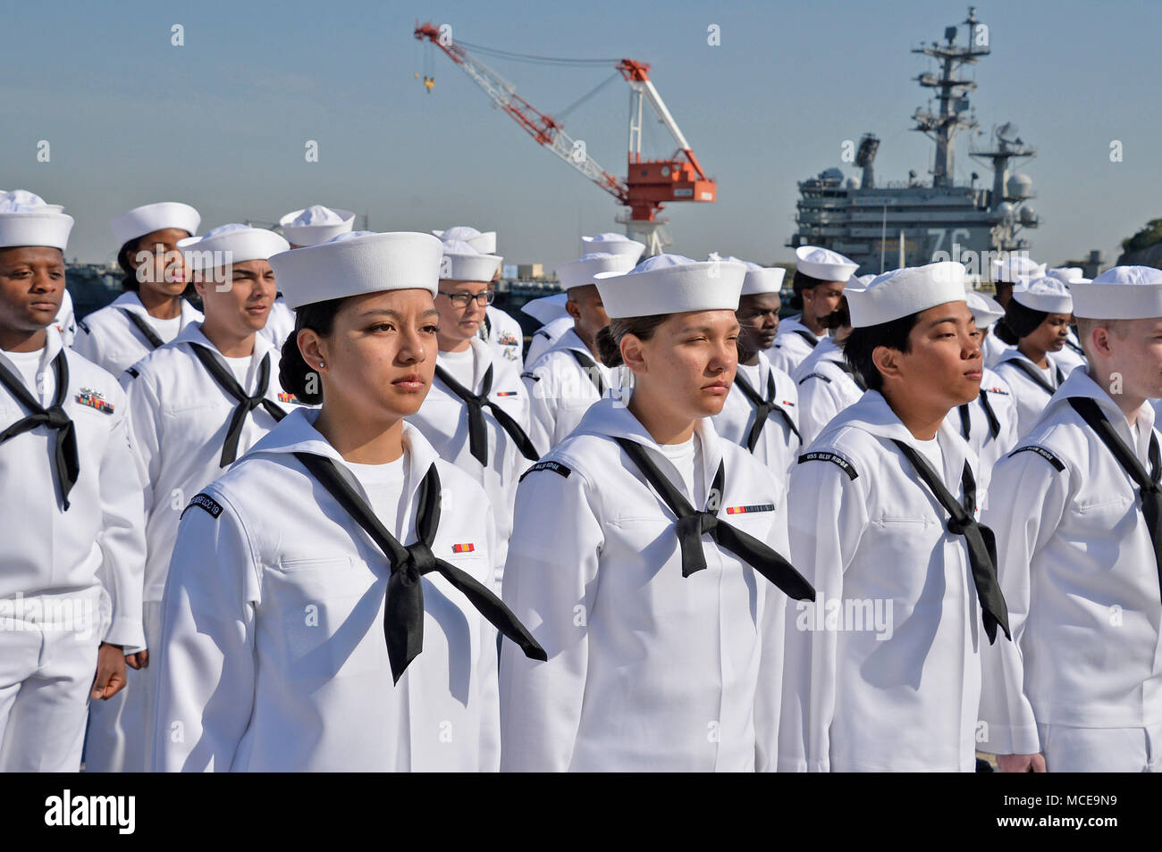 180410-N-DS193-218 YOKOSUKA, Japan (April 10, 2018) - Sailors stand in  formation during a dress whites inspection on the flight deck of USS Blue  Ridge (LCC 19). Dress uniform inspections are held by-annually