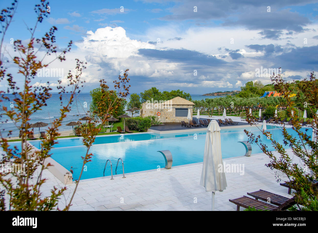 Beautiful swimming pool in resort in Zakynthos island, Greece Stock Photo