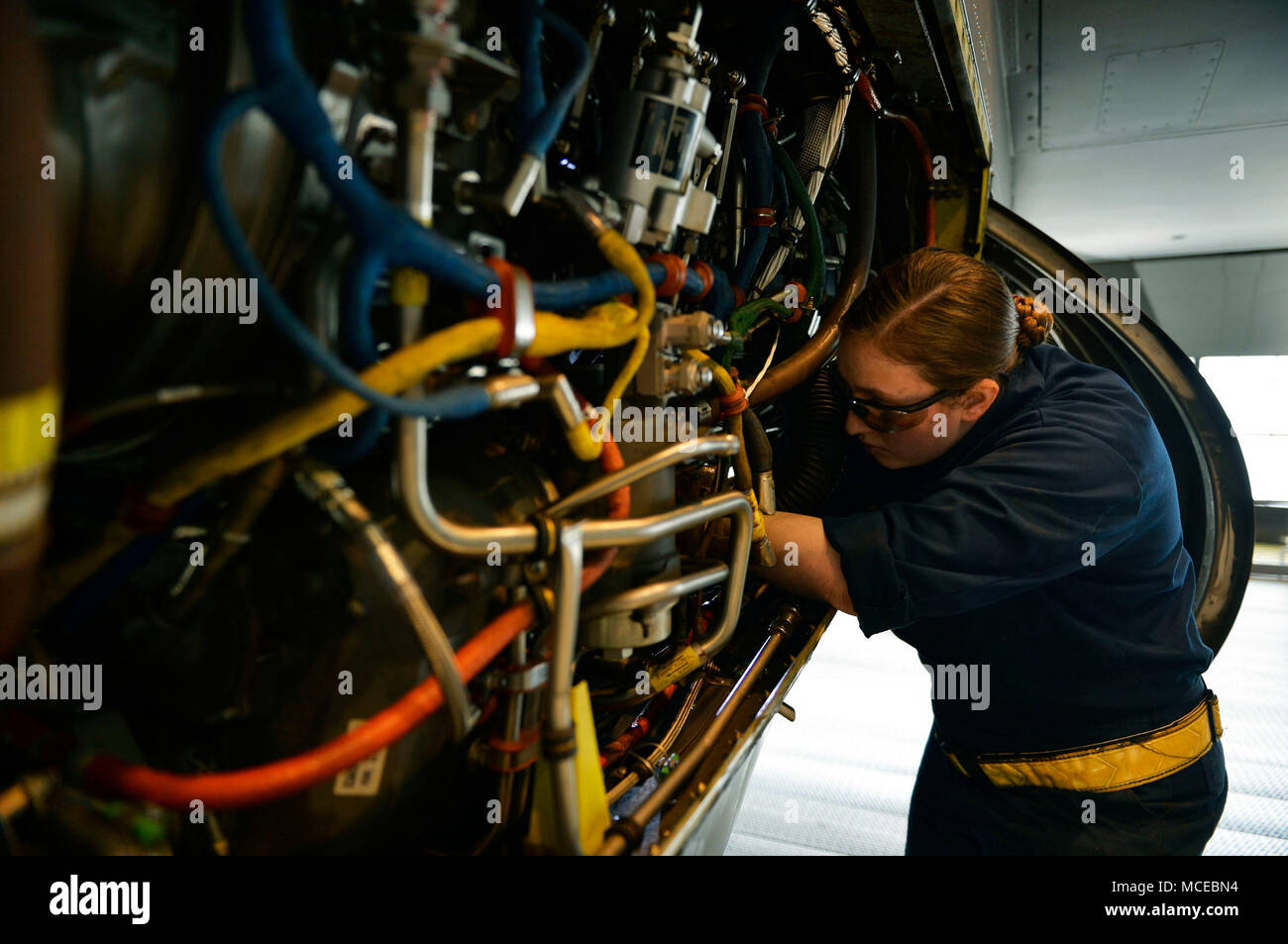 U.S. Air Force Staff Sgt. Rachel Revels, 86th Maintenance Squadron aerospace  propulsion specialist, conducts maintenance work on a C-130J Super Hercules  on Ramstein Air Base, Germany, April 10, 2018. As the latest
