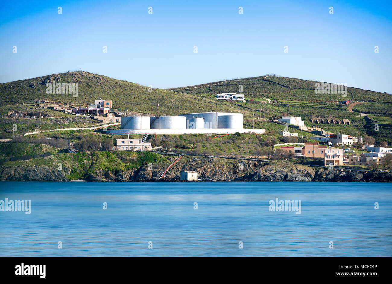 Petroleum oil and fuel storage tanks in Syros island. Cyclades islands