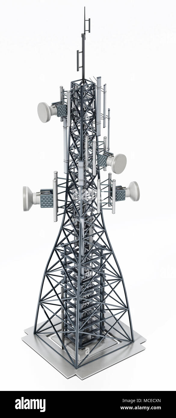 Steel telecommunications tower with satellite dishes. 3D illustration. Stock Photo