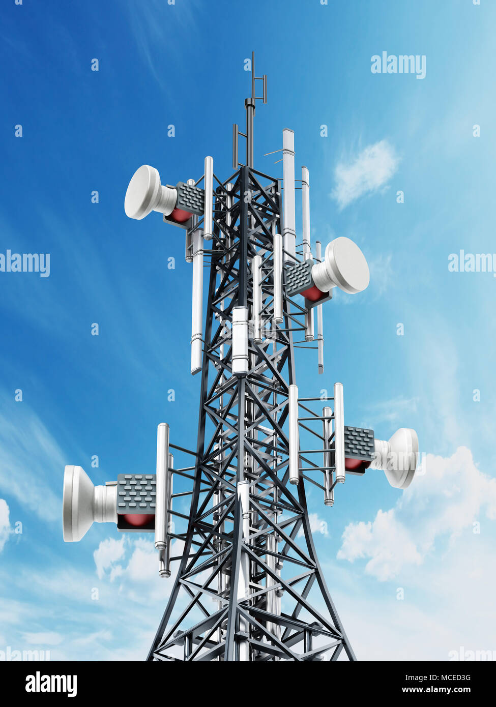 Steel telecommunications tower with satellite dishes. 3D illustration. Stock Photo