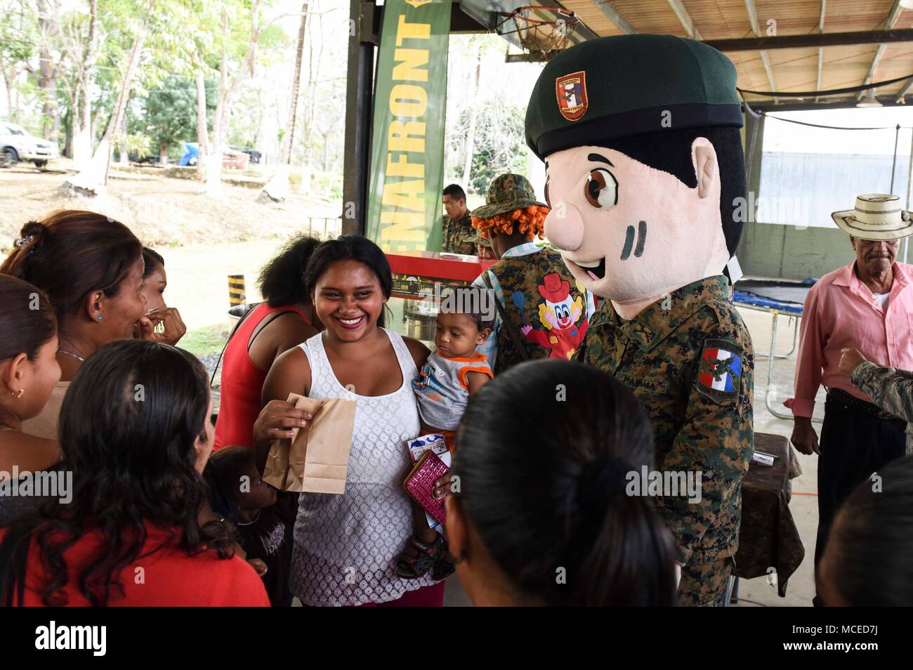 Mascots for the Panamanian National Border Service, known as SENAFRONT, greet guests at the opening ceremony of Exercise New Horizons 2018, April 11, 2018, in Meteti, Panama. The joint-service exercise will provide readiness training to U.S. military members, while also benefiting local communities throughout the country. During the exercise, U.S. military members will build three schools, one community center and a women’s health ward in the Meteti area. They will also work closely with Panamanian health providers bringing medical aid to people in the Darien, Coclé, and Veraguas Provinces. (U Stock Photo