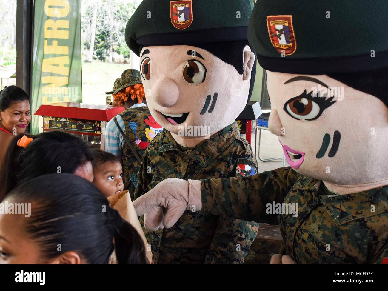 Mascots for the Panamanian National Border Service, known as SENAFRONT, greet guests at the opening ceremony of Exercise New Horizons 2018, April 11, 2018, in Meteti, Panama. The joint-service exercise will provide readiness training to U.S. military members, while also benefiting local communities throughout the country. During the exercise, U.S. military members will build three schools, one community center and a women’s health ward in the Meteti area. They will also work closely with Panamanian health providers bringing medical aid to people in the Darien, Coclé, and Veraguas Provinces. (U Stock Photo