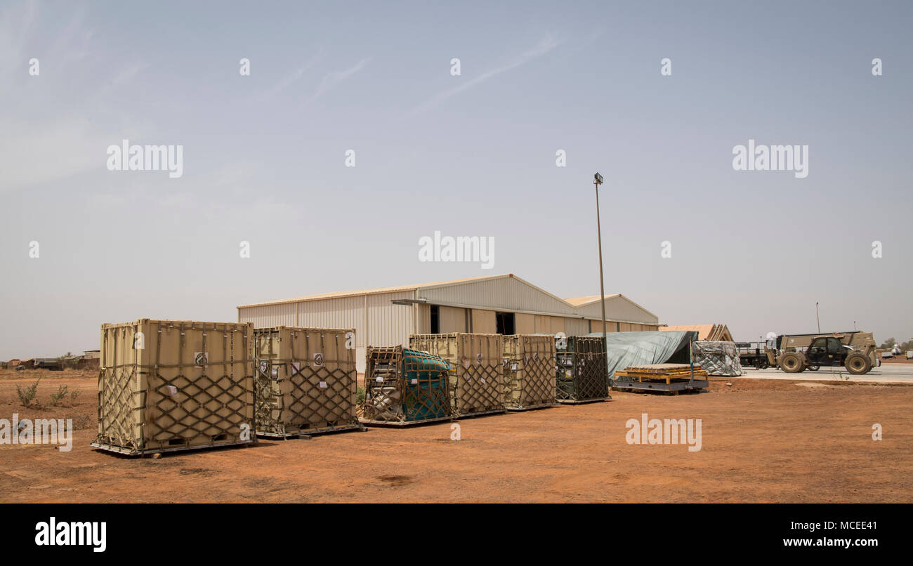 Pallets are placed outside of a loading area April 11, 2018, at Diori Hamani International Airport, Niger. Approximately 1,900 service members from more than 20 African and western partner nations are participating in Flintlock 2018 at multiple locations in Niger, Burkina Faso, and Senegal. Flintlock is an annual, African-led, integrated military and law enforcement exercise that has strengthened key partner nation forces throughout North and West Africa as well as western Special Operations Forces since 2005.  (U.S. Air Force photo/Senior Airman Clayton Cupit) Stock Photo