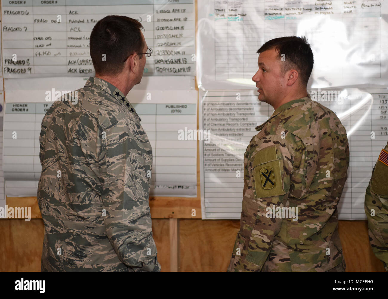 Air Force Gen. Joseph Lengyel, chief of National Guard Bureau, visits with Soldiers who are a part of exercise Guardian Response 2018 at Jennings County Fair Grounds, North Vernon, Indiana, April 14, 2018. Lengyel toured the tactical operations center (TOC) to observe Task Force Ops manages command and control during a simulated demanding disaster environment. (U.S. Army National Guard photo by Spc. Chelsea Baker, 108th Public Affairs Detachment) Stock Photo