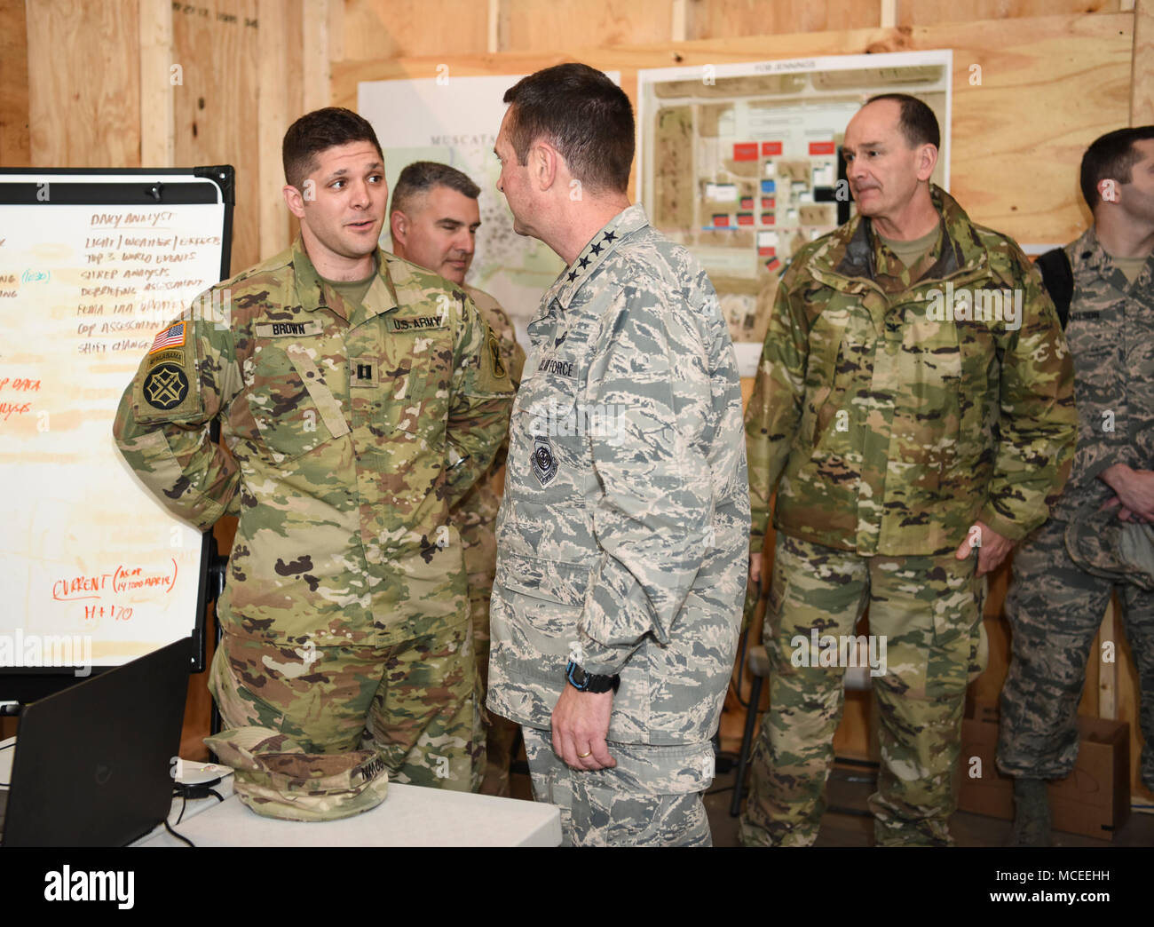 Air Force Gen. Joseph Lengyel, chief of National Guard Bureau, visits with Soldiers who are a part of exercise Guardian Response 2018 at Jennings County Fair Grounds, North Vernon, Indiana, April 14, 2018. Lengyel toured the tactical operations center (TOC) to observe Task Force Ops manages command and control during a simulated demanding disaster environment. (U.S. Army National Guard photo by Spc. Chelsea Baker) Stock Photo