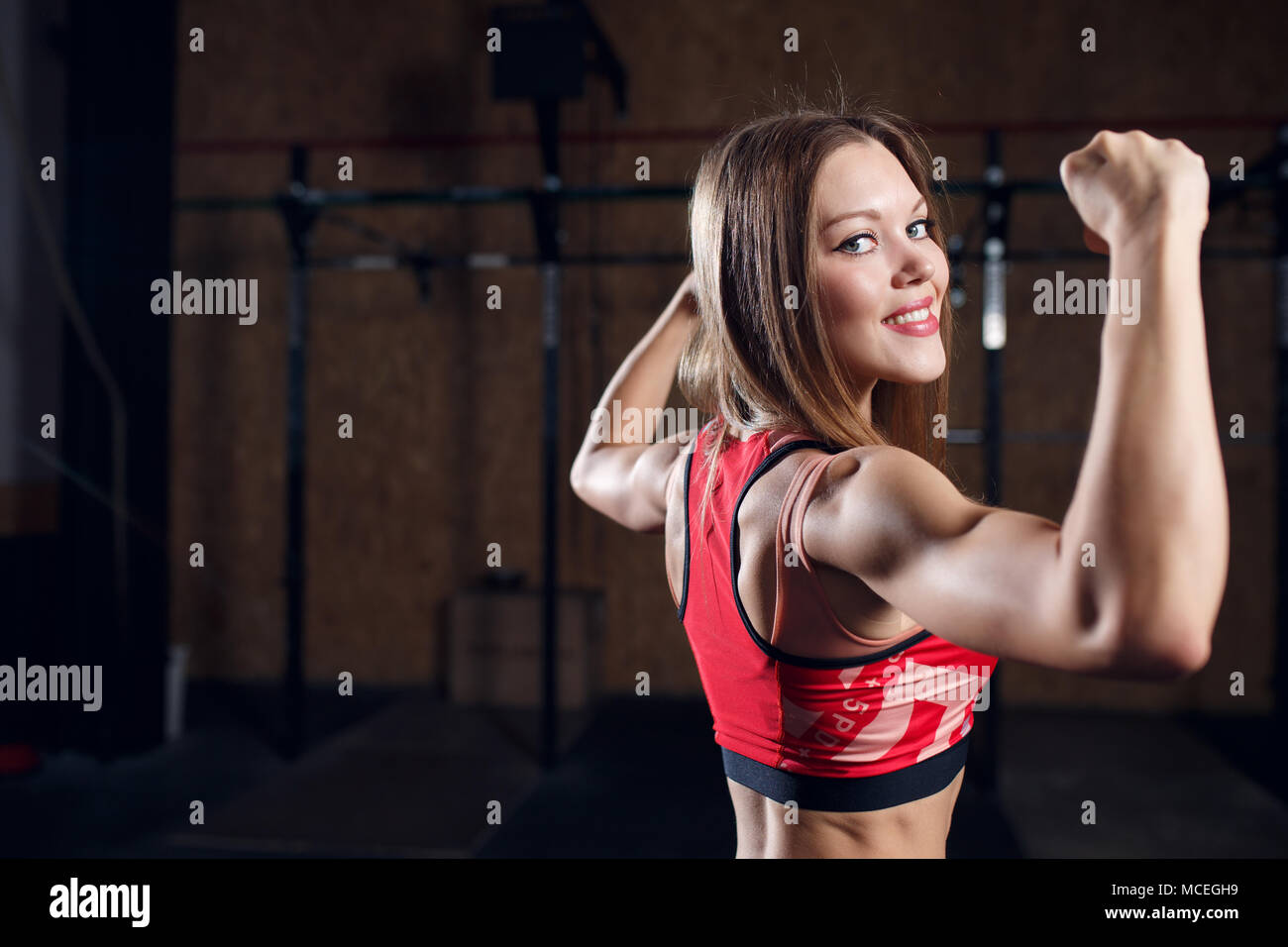 219 Portrait Young Fitness Woman Shows Biceps Stock Photos - Free