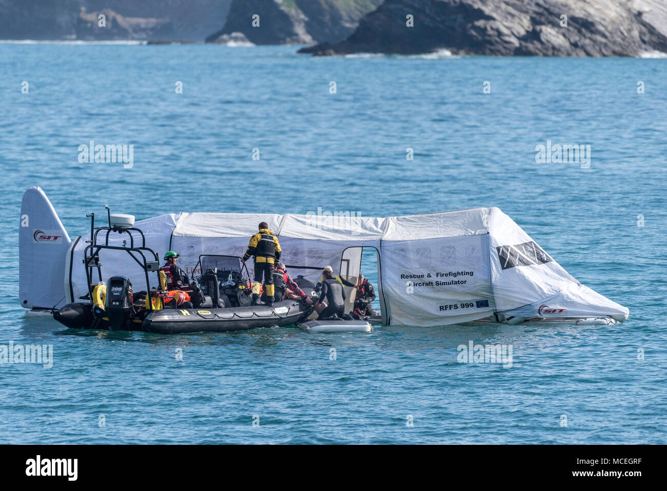 A Rescue and Firefighting Aircraft Simulator used in a GMICE (Good Medicine in Challenging Environments) major incident exercise in Newquay Cornwall. Stock Photo