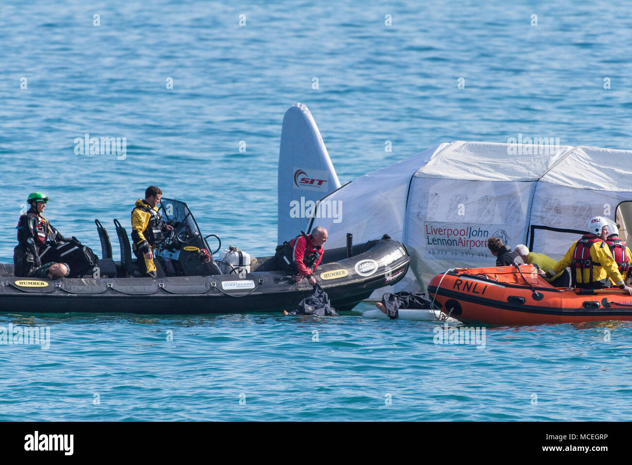 A Rescue and Firefighting Aircraft Simulator used in a GMICE (Good Medicine in Challenging Environments) major incident exercise in Newquay Cornwall. Stock Photo