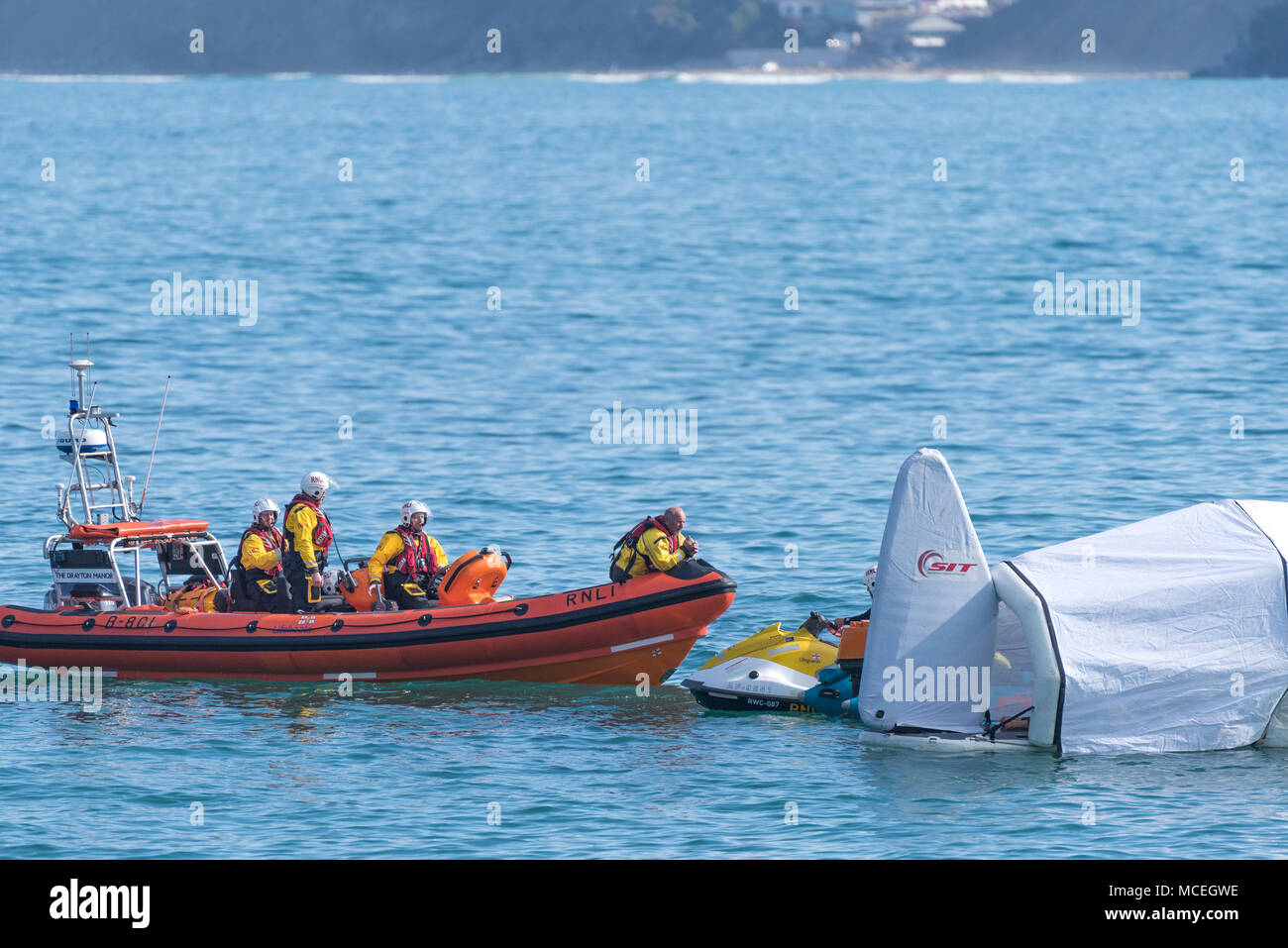 The Newquay volunteer RNLI crew in their B Class Atlantic 85 inshore rescue craft participating in a GMICE (Good Medicine in Challenging Environments) Stock Photo