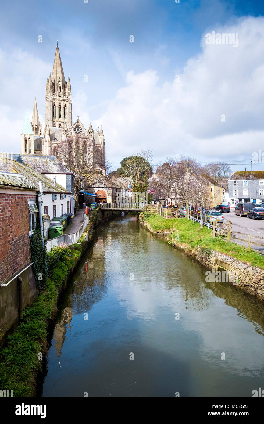 The River Allen flowing through Truro City centre in Cornwall. Stock Photo