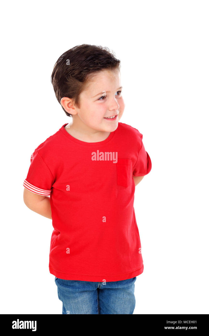 Funny Small Child With Dark Hair And Black Eyes Crossing His Arms
