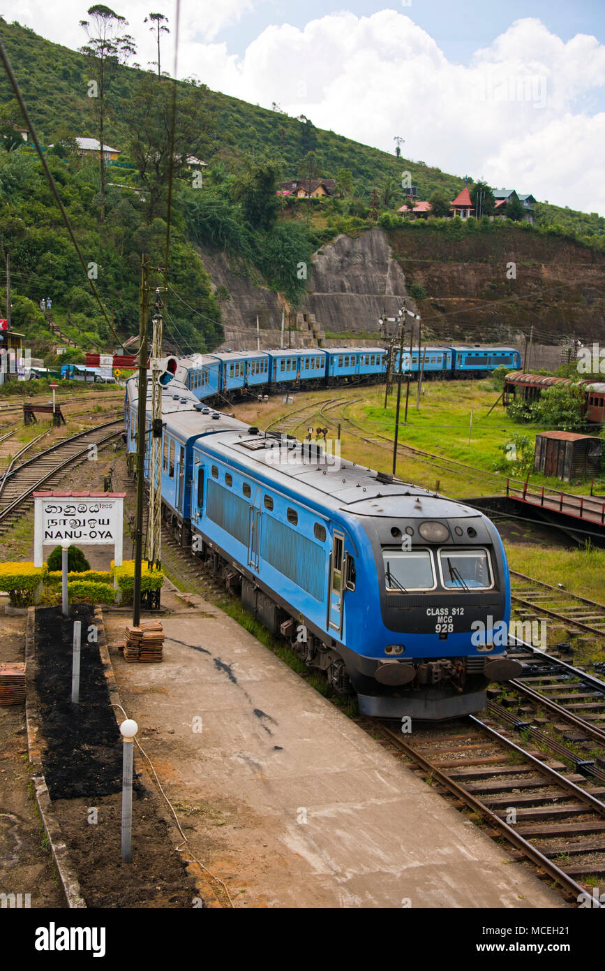 Vertical view of a diesel train arriving at Nanu-oya Train Station in the highlands of Sri Lanka. Stock Photo