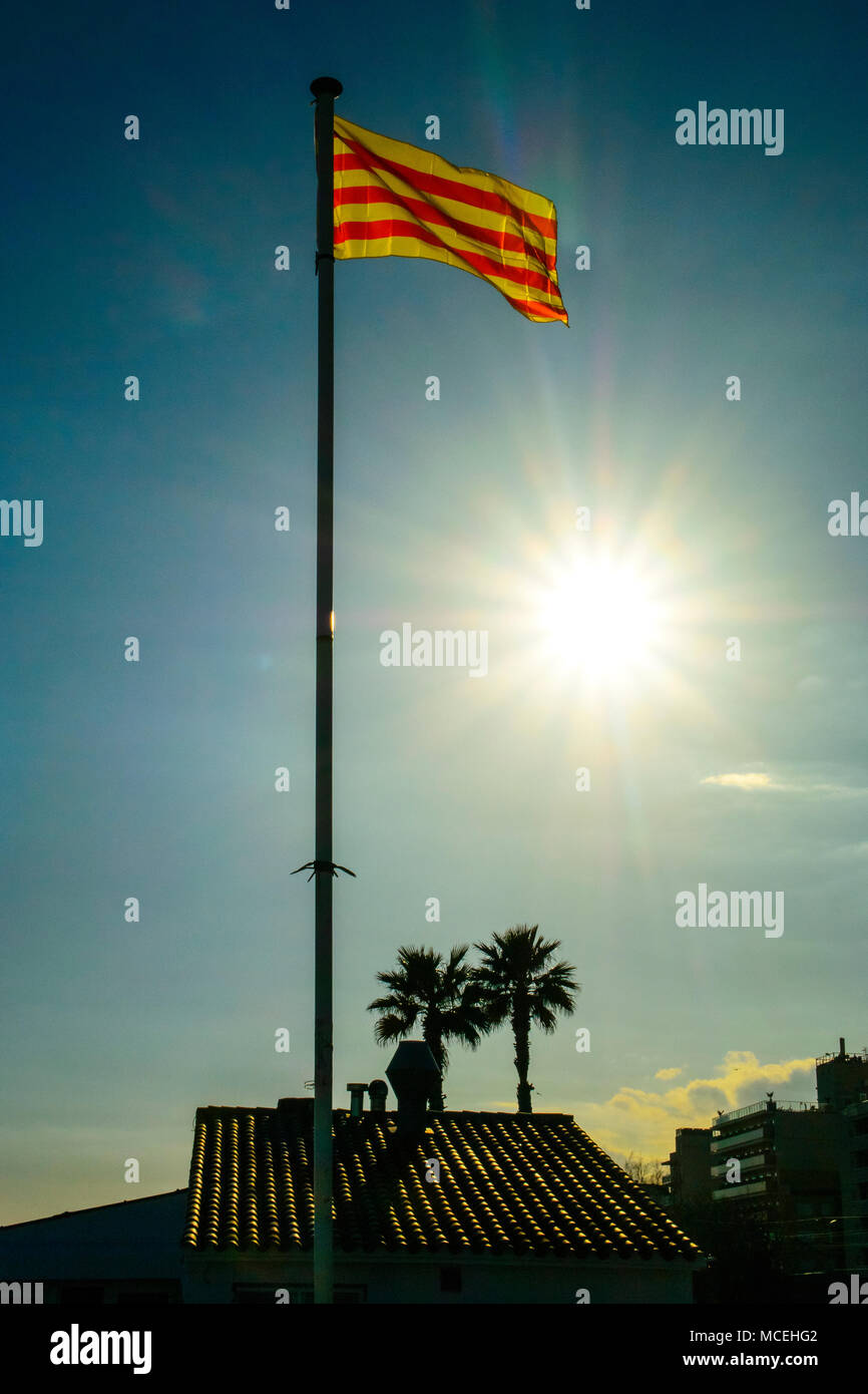 Catalonian flag, Pineda de Mar, Barcelona coast. Stock Photo