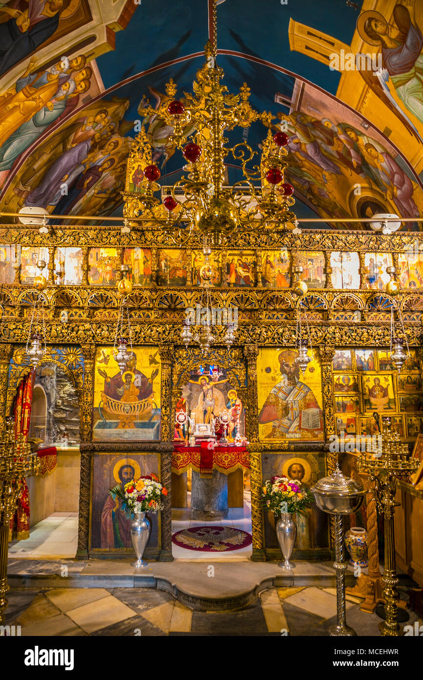 Mykonos Metropolitan Church. Interior of traditional Greek Orthodox church. Mykonos Town. Chora. Mykonos Island. Ciclades Islands. Greece Stock Photo