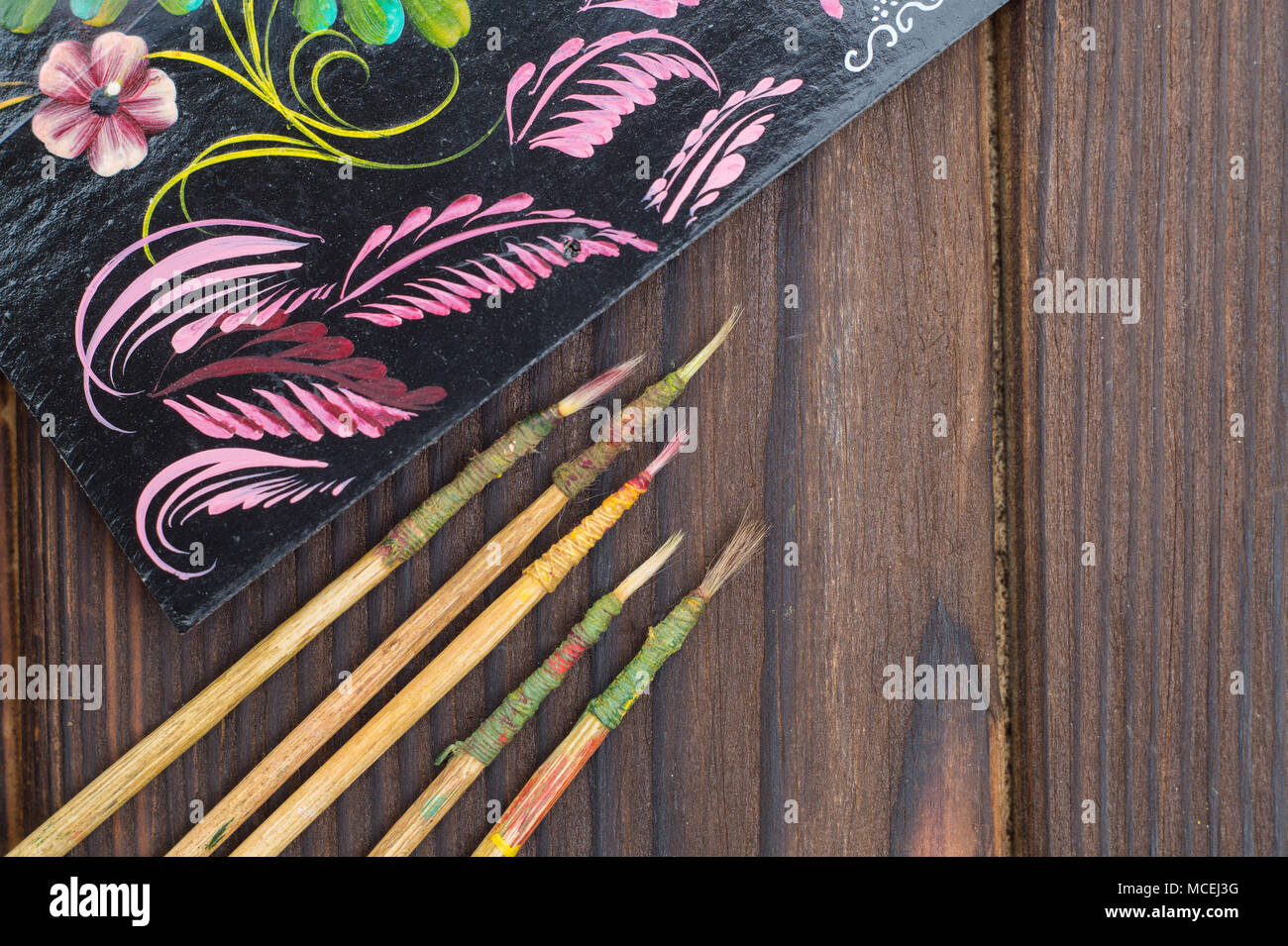 Thin paint brushes from cat hair use for small elements of Petrikov painting Stock Photo Alamy