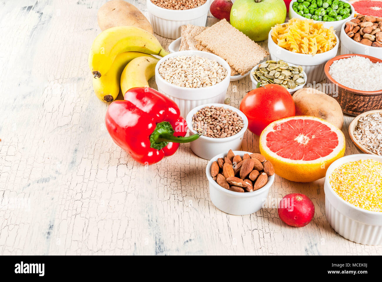 Diet food background concept, healthy carbohydrates (carbs) products fruits, vegetables