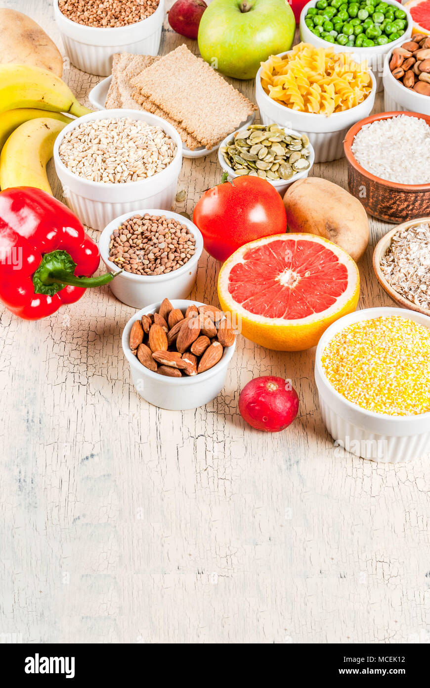 Diet food background concept, healthy carbohydrates (carbs) products fruits, vegetables