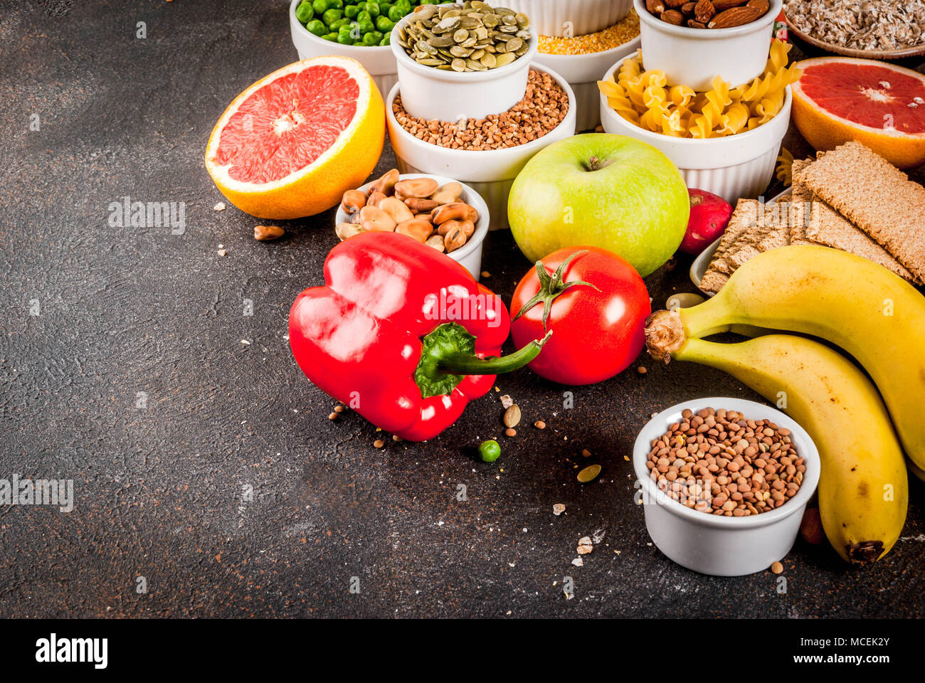 Diet food background concept, healthy carbohydrates (carbs) products fruits, vegetables