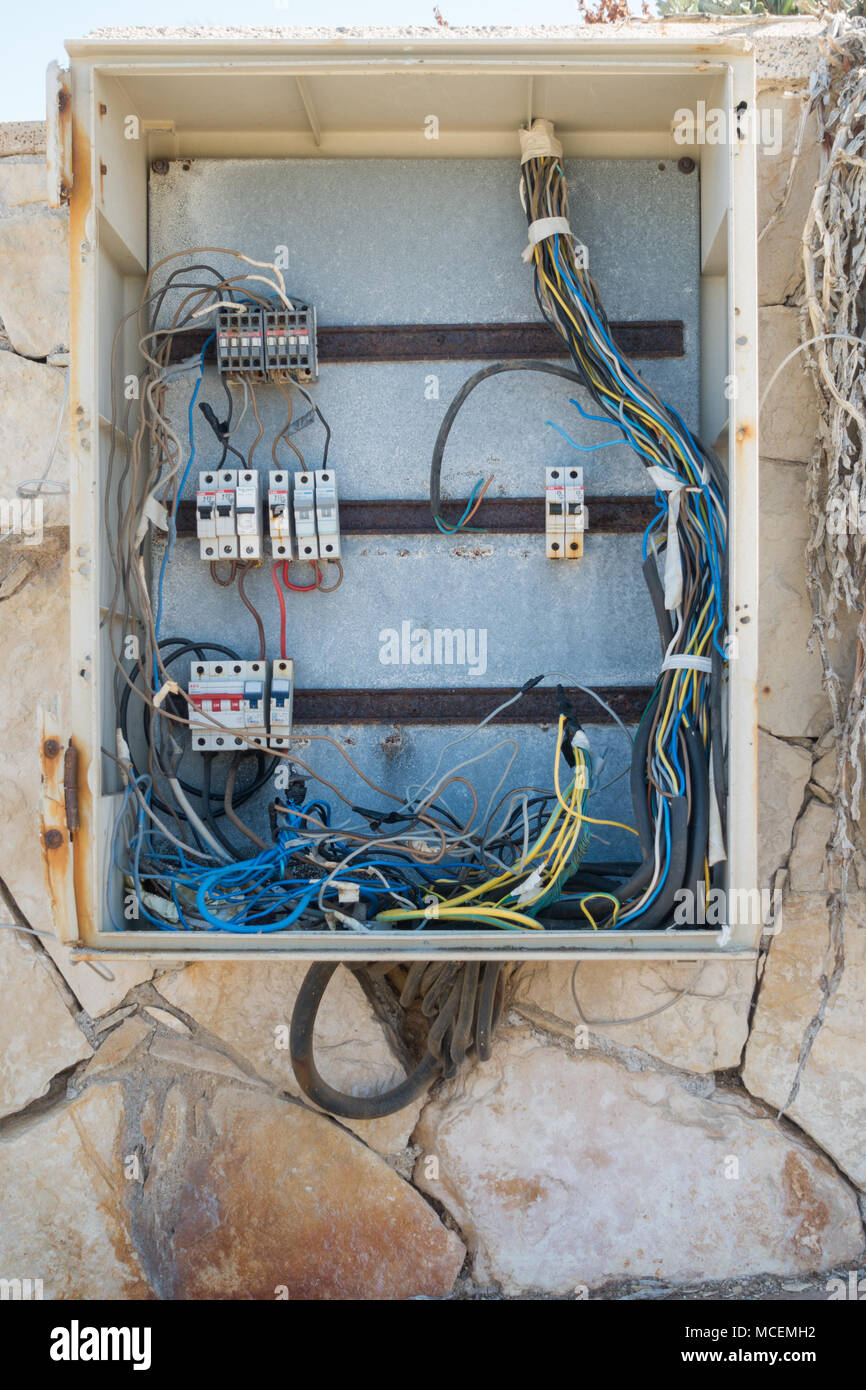 Open old electrical box, Heraklion, Greece Stock Photo