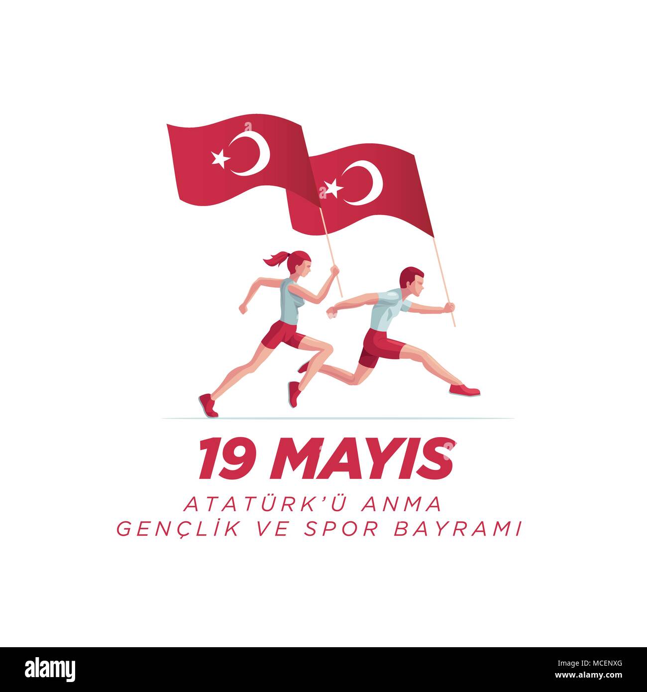 19 mayis Ataturk'u Anma, Genclik ve Spor Bayrami greeting card design. 19 May Commemoration of Ataturk, Youth and Sports Day. Vector illustration. Tur Stock Vector