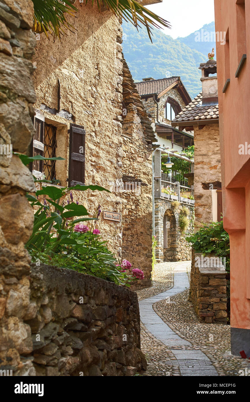 Rural Swiss mountain village street in Southern Switzerland, Canton of