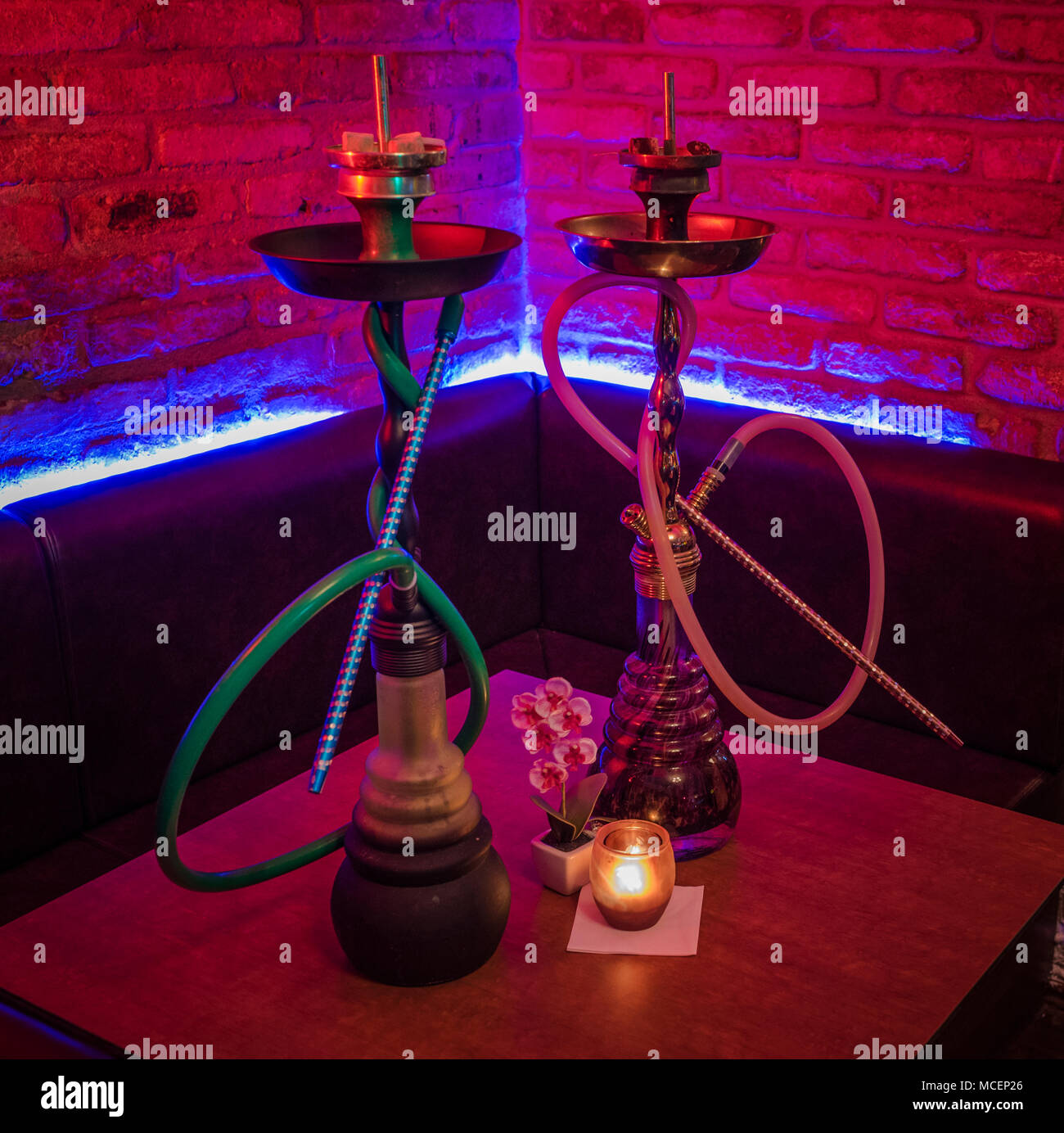 Shisha Hookah Pipes in  a Lounge Bar Stock Photo