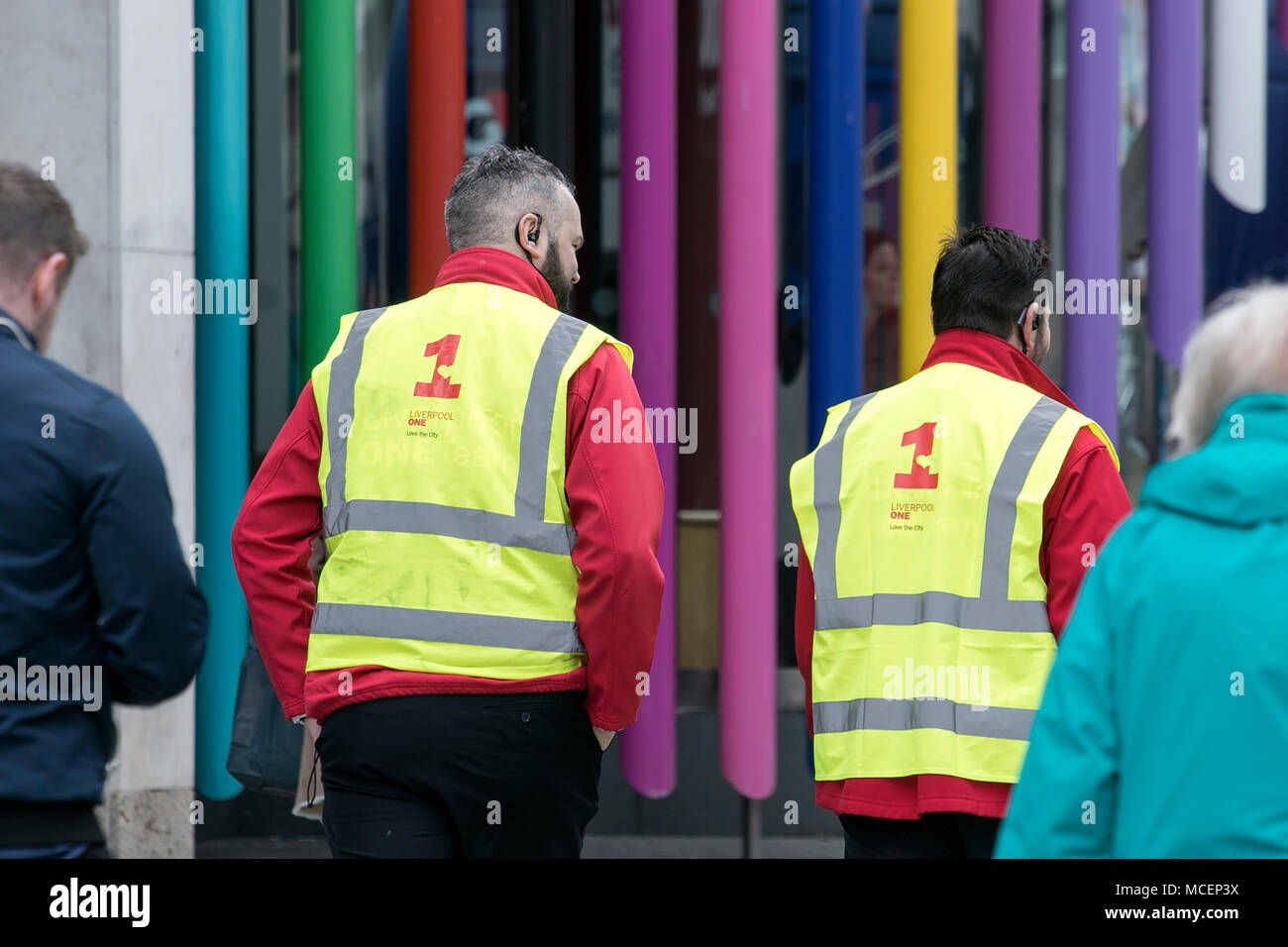 Liverpool One security guards patrolling the streets around the shopping complex in Liverpool