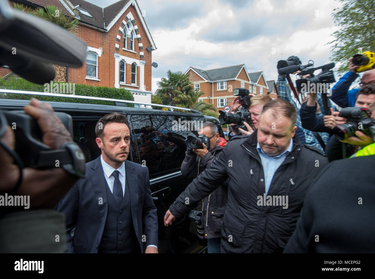 Ant McPartlin outside Wimbledon Court after he was given an £86,000 fine and banned from driving for 20 months after admitting a drink driving charge. Stock Photo