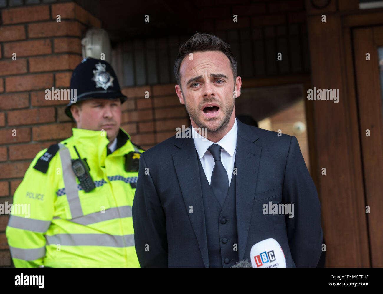 Ant McPartlin outside Wimbledon Court after he was given an £86,000 fine and banned from driving for 20 months after admitting a drink driving charge. Stock Photo