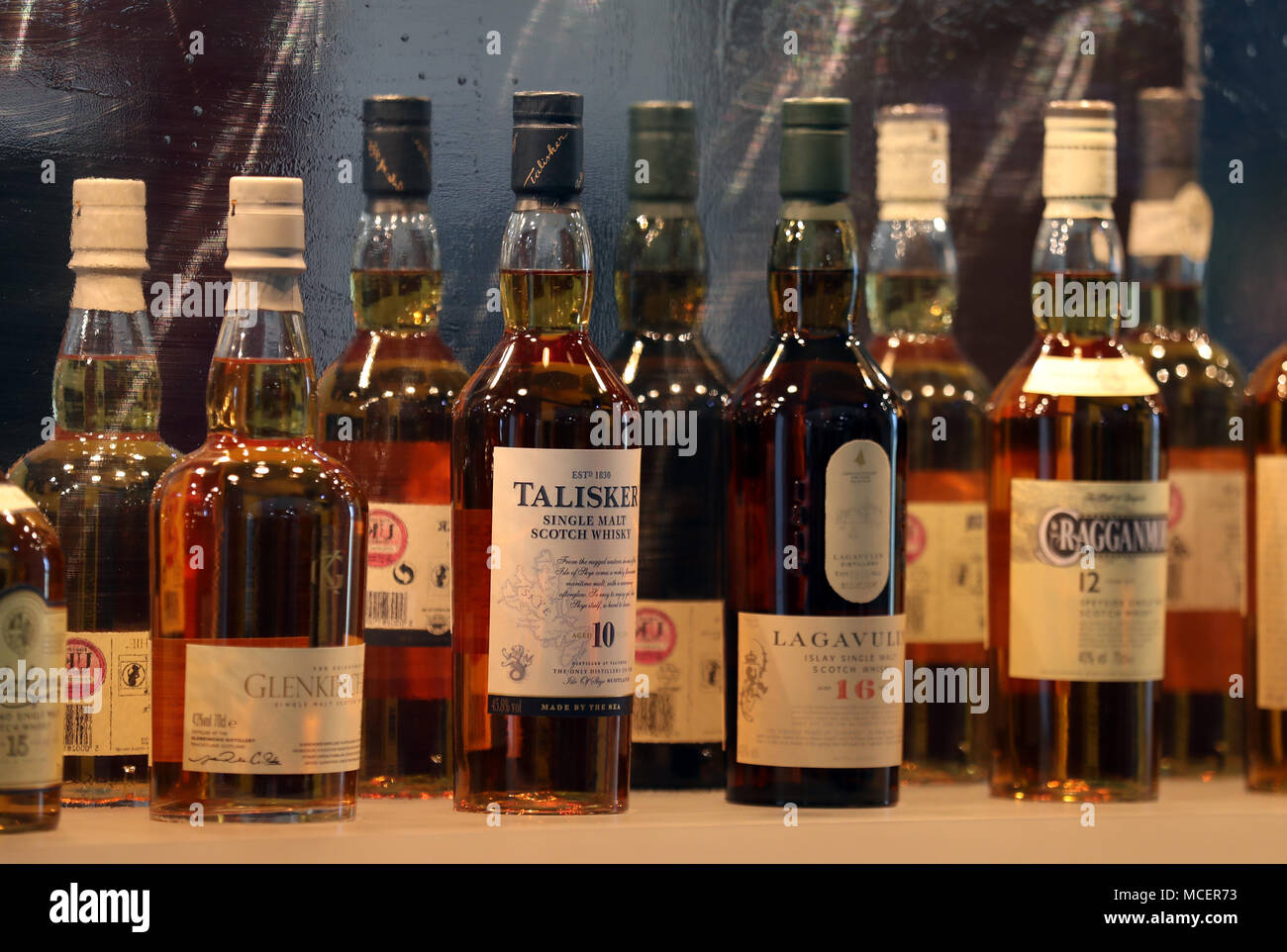 Diageo owned whiskies on a bar at their headquarters in Edinburgh where