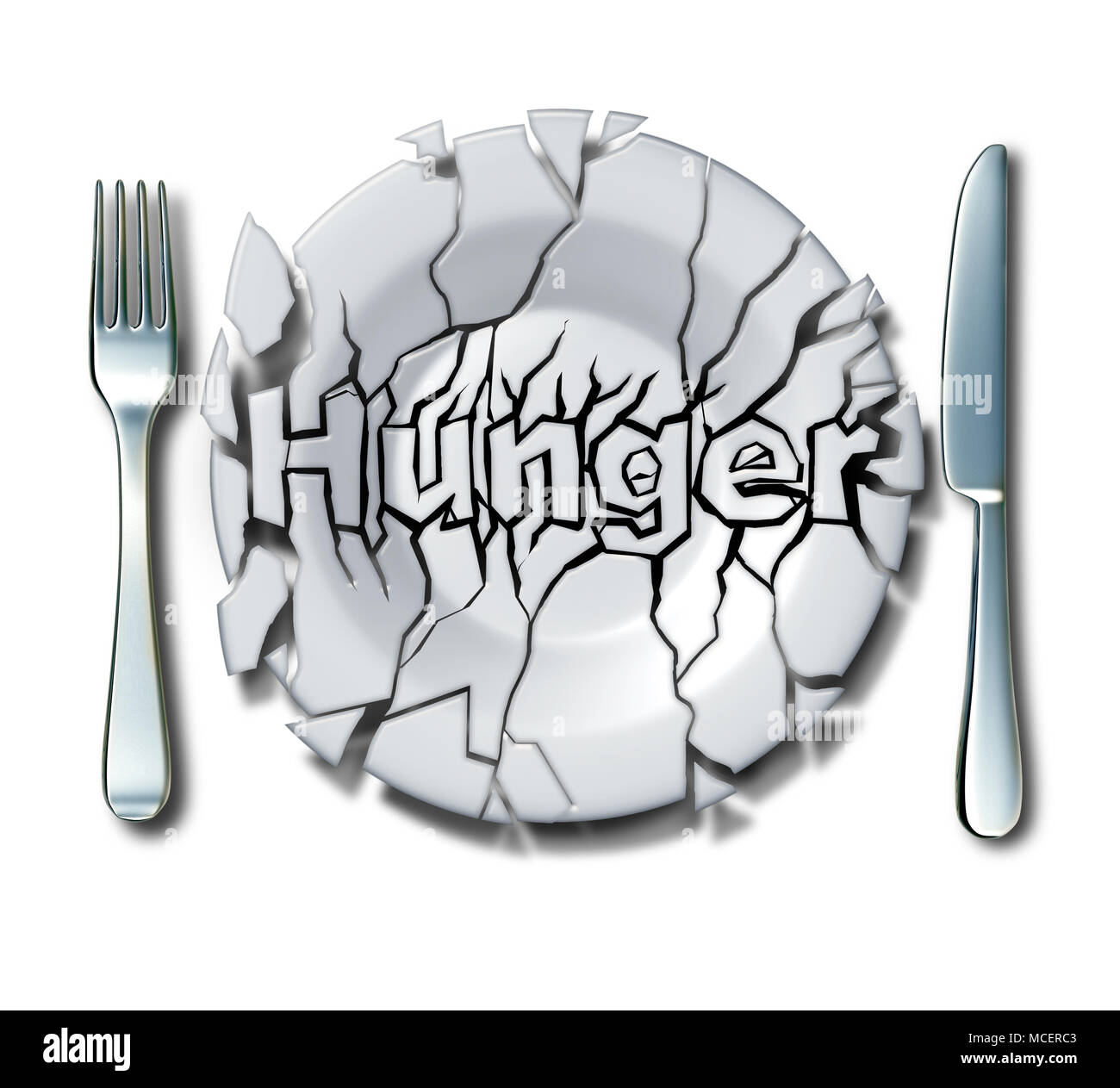 Hunger concept and hungry idea as a cracked broken plate with text as a poverty and malnutrition symbol as a 3D illustration. Stock Photo