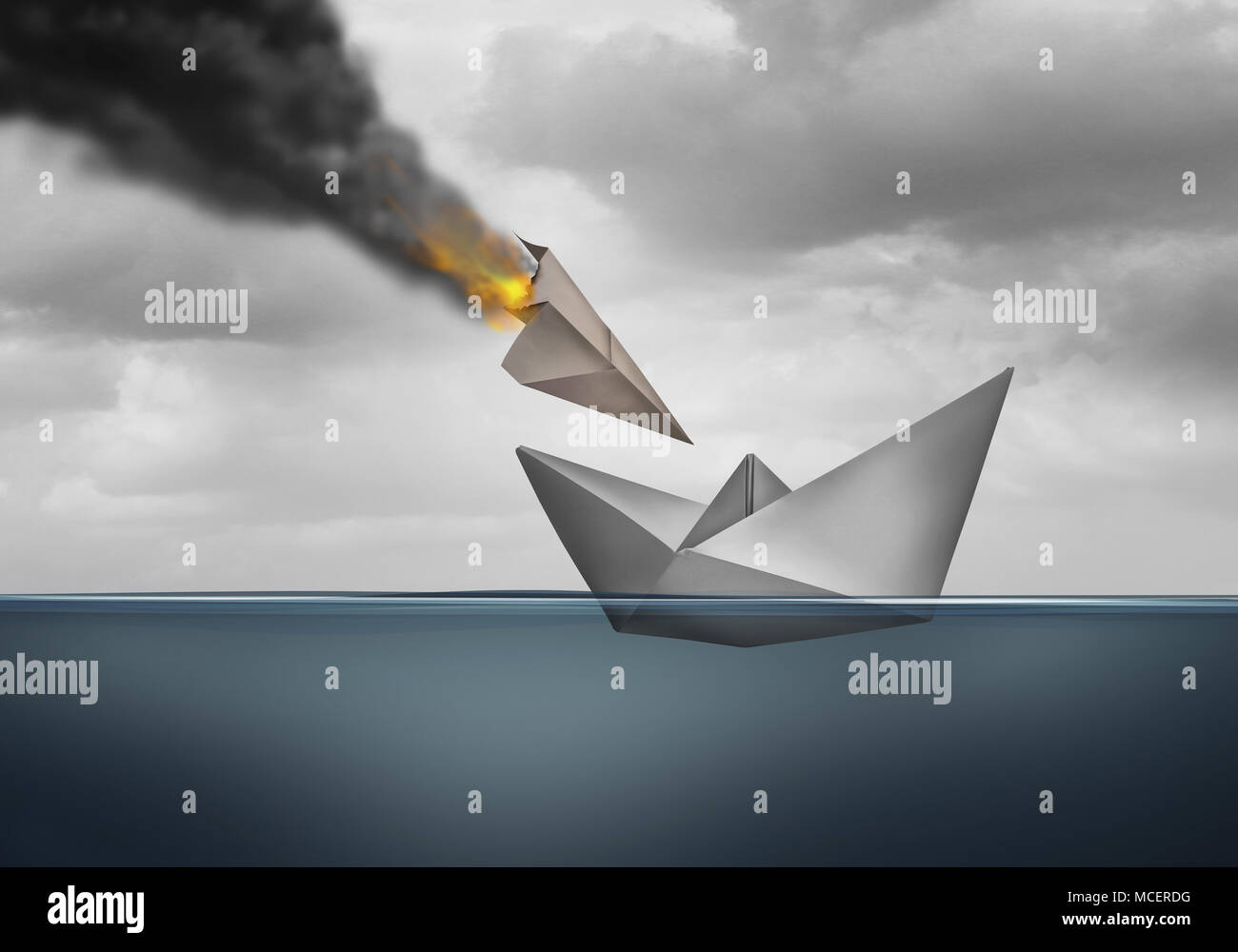 Vulnerability concept and vulnerable business hazard as an attack on a defenceless ship with 3D illustration elements. Stock Photo