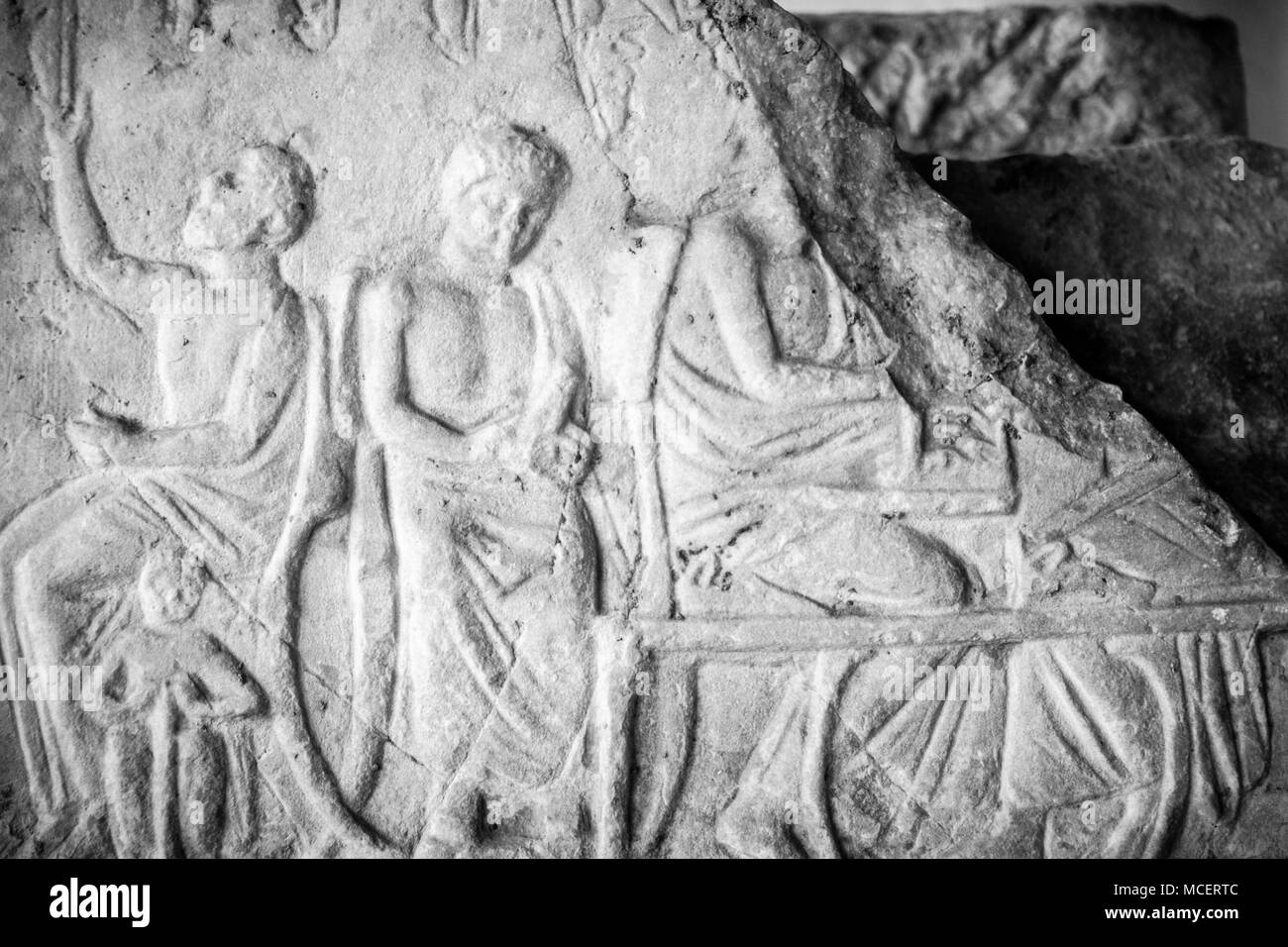 Close-up of intricate carving on wall, Athens, Greece Stock Photo