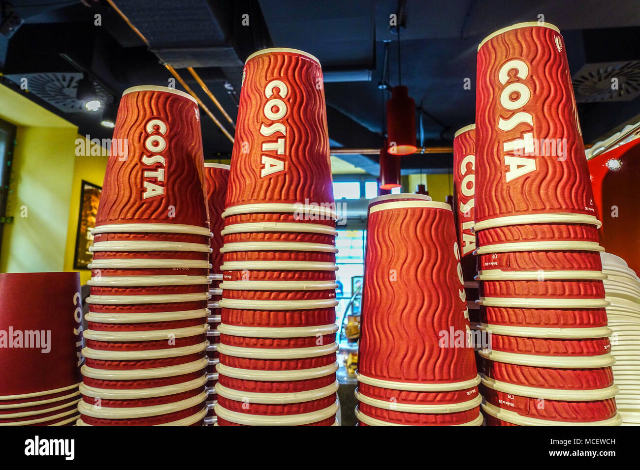 Costa coffee piles of paper cups Stock Photo