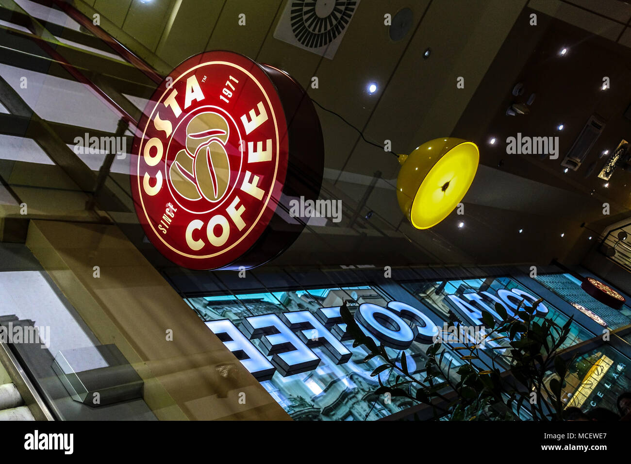 Costa coffee logo at bar, Prague, Czech Republic Stock Photo