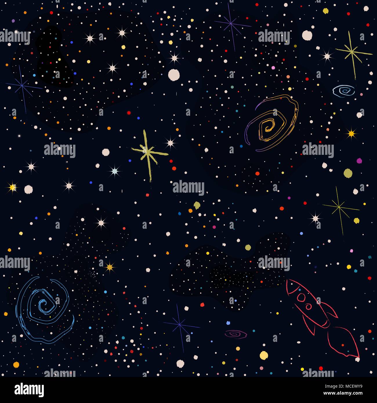 Cosmic Pattern with stars, planets, Moon, rocket, spiral galaxies and constellations in color. Vector Illustration Stock Vector